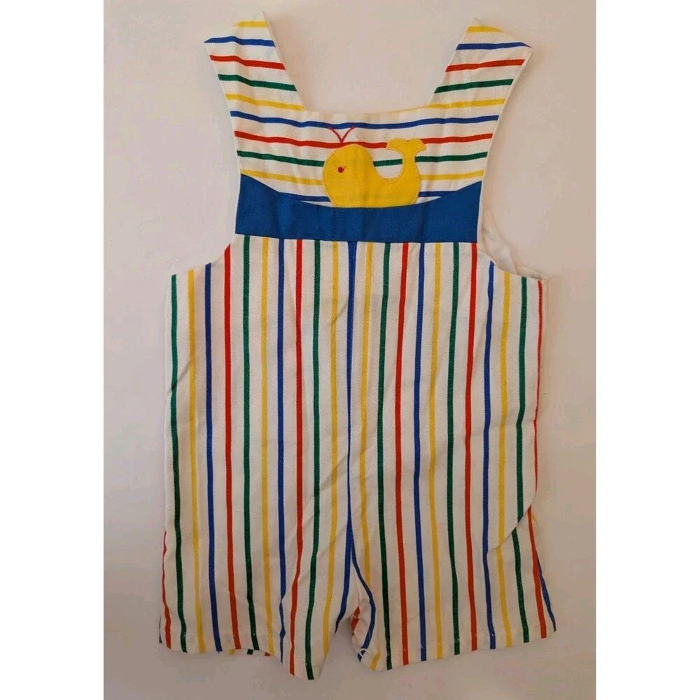 Vintage Little Bitty Striped Overalls Yellow Whale Applique Size 24 Months EUC